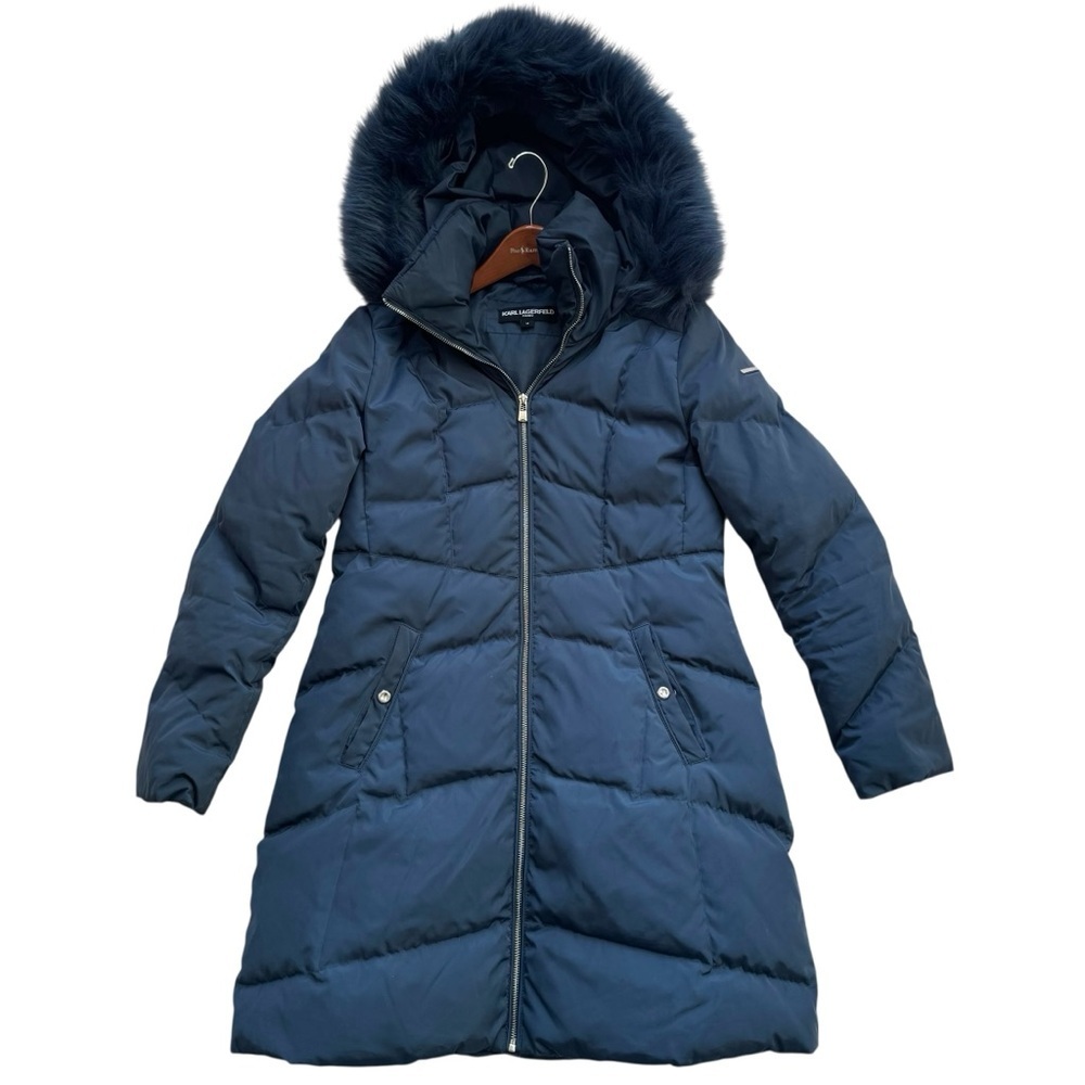 Karl Lagerfeld Faux Fur Collar Navy Blue Puffer Coat